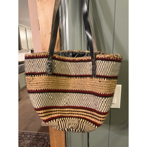 Handwoven African Tote Bag Leather Straps And Drawstring Closure Heirloom Bag - Picture 2 of 6